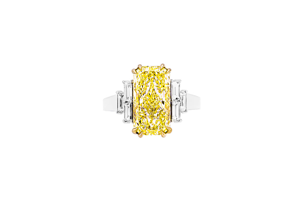 GIA Certified 3 Stone Ring with 5.00ct Fancy Light Yellow Radiant Cut