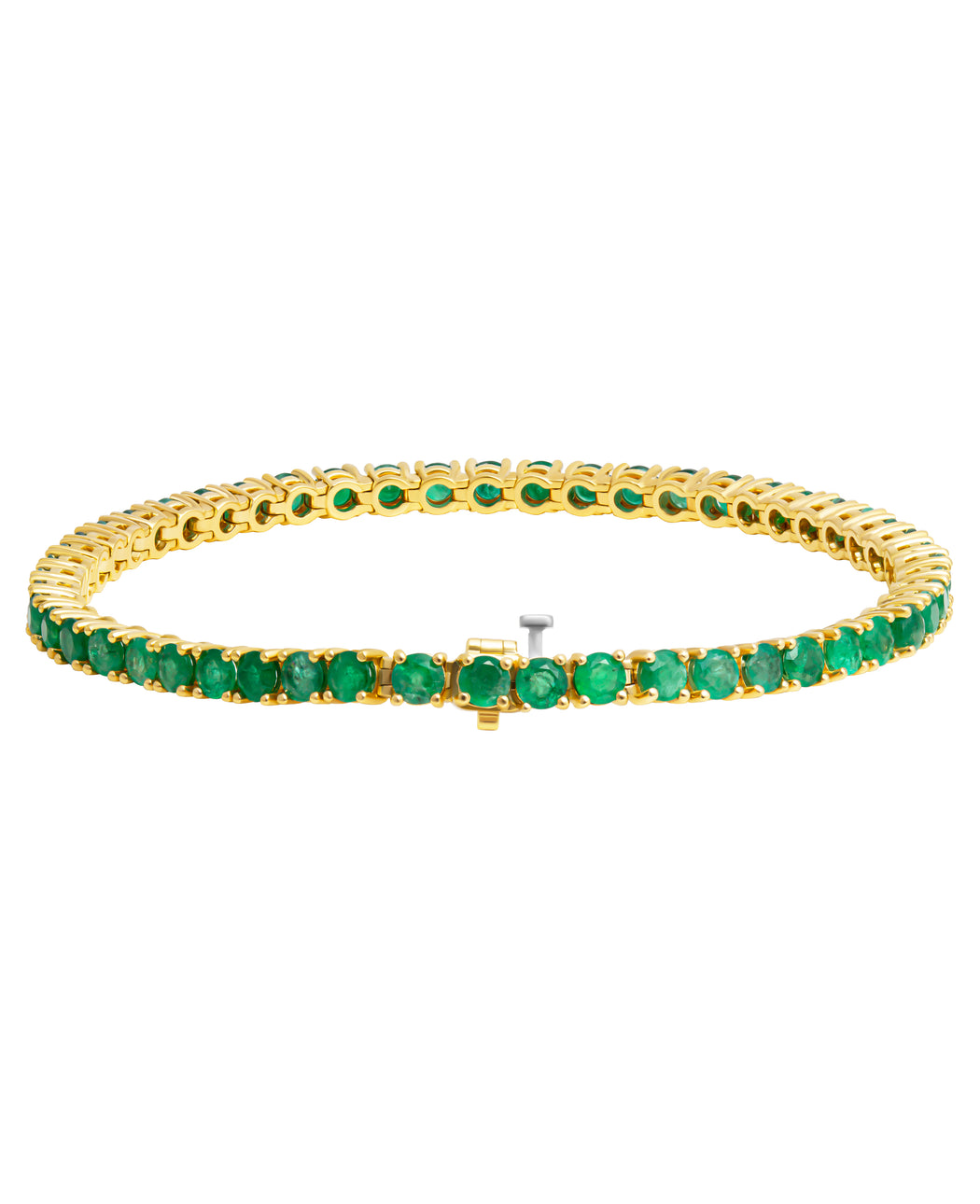 Tennis Bracelet with Round Green Emeralds in 18k Yellow Gold