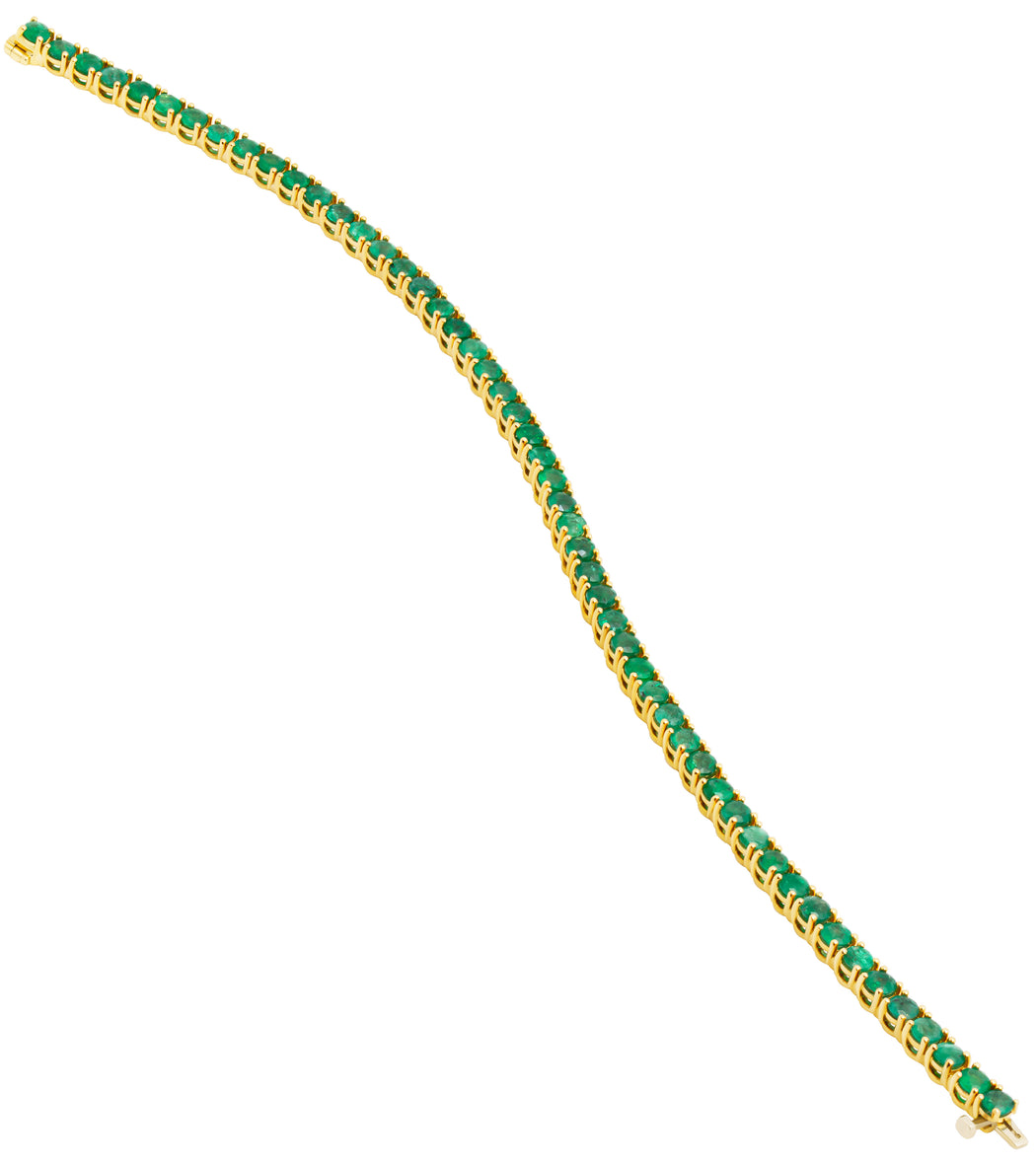 Tennis Bracelet with Round Green Emeralds in 18k Yellow Gold