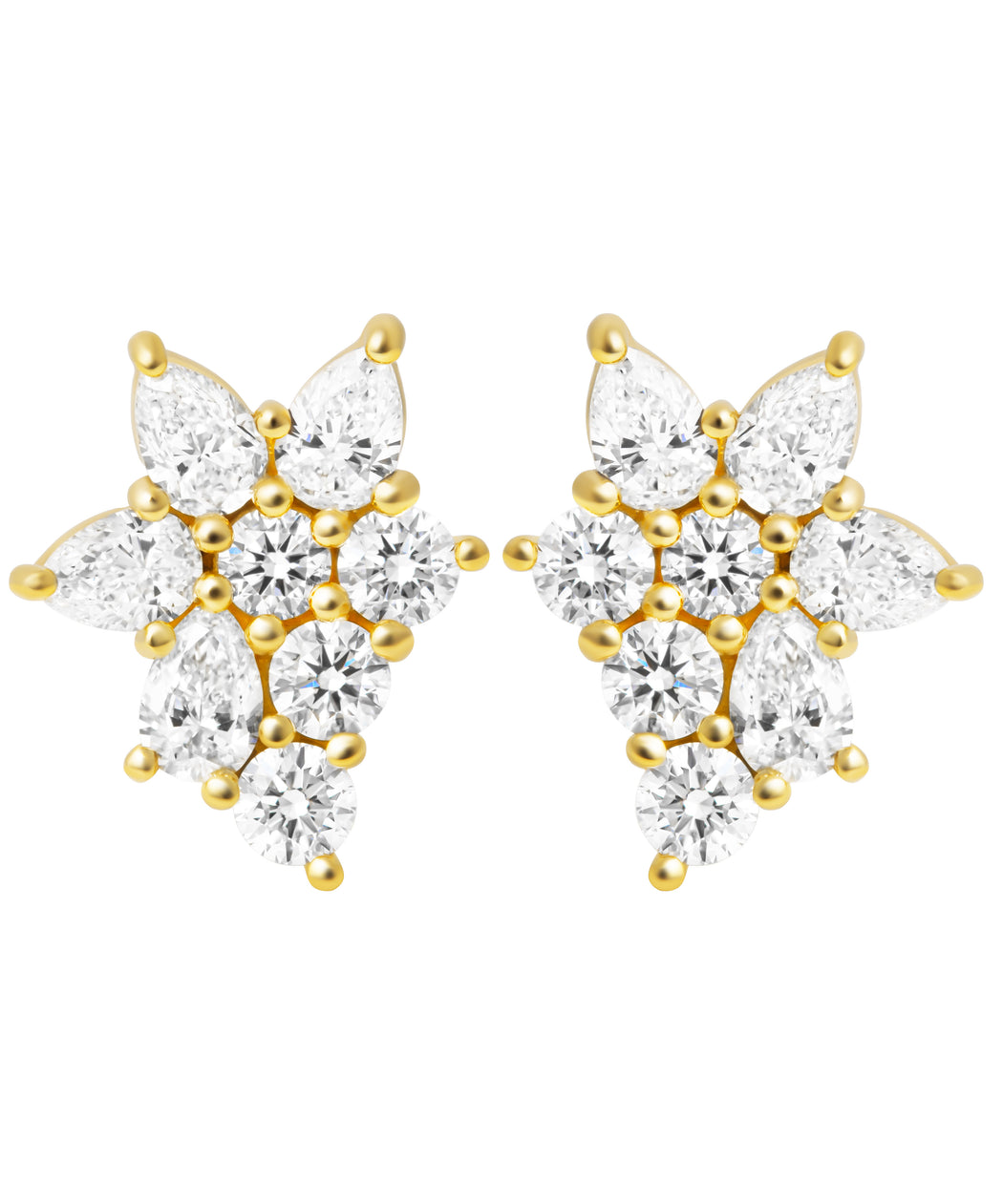 14K yellow gold cluster earrings with round and pear-shaped diamonds