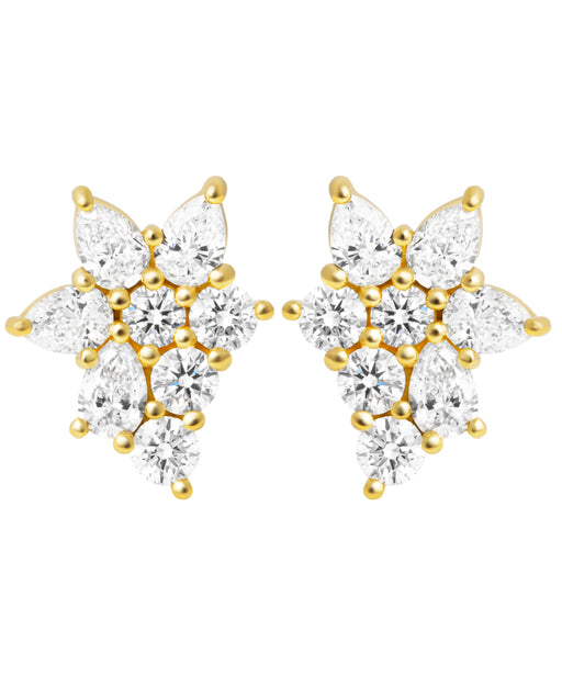 14K yellow gold cluster earrings with round and pear-shaped diamonds