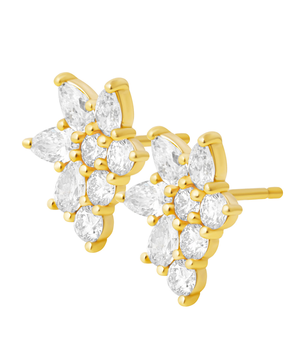 14K yellow gold cluster earrings with round and pear-shaped diamonds