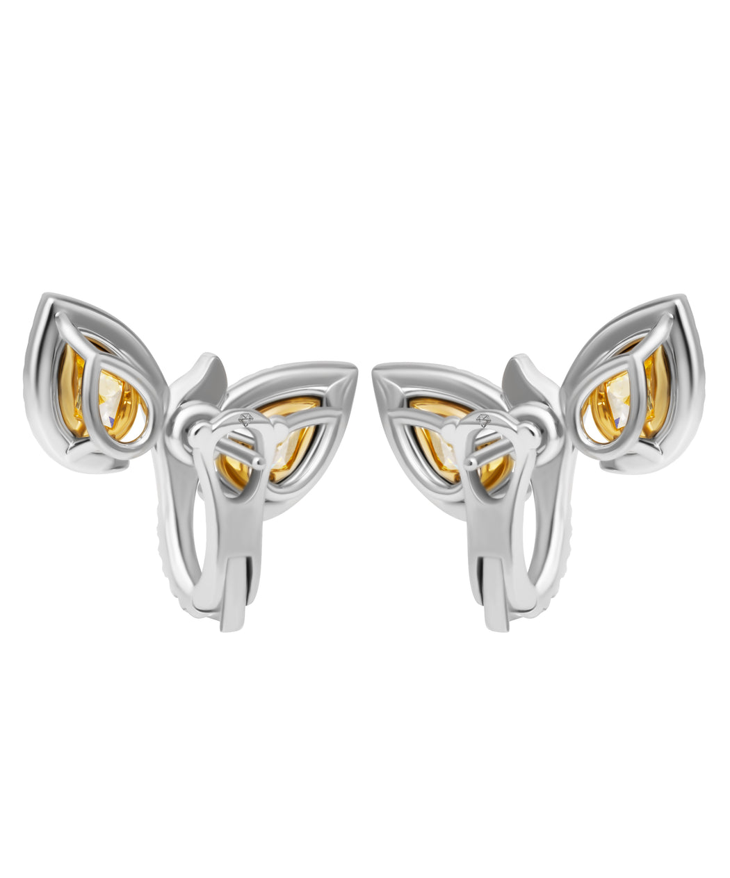 Bypass earrings in platinum and 18K yellow gold with fancy yellow pear-shaped diamonds and pavé diamond halo