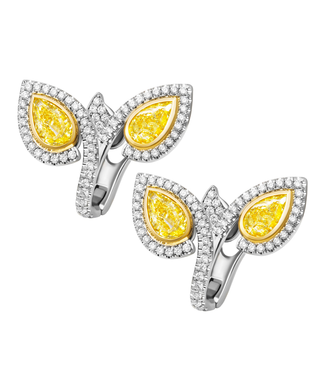 Bypass earrings in platinum and 18K yellow gold with fancy yellow pear-shaped diamonds and pavé diamond halo