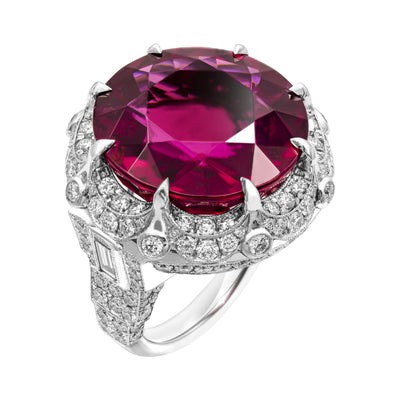 GIA Certified 27.25 Carat Round Red Rubellite Tourmaline Diamond Ring ...